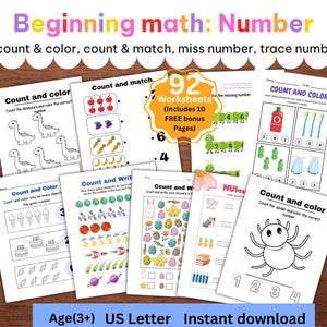 Könnte beinhalten: Eine Sammlung von ausdruckbaren Arbeitsblättern für den Mathematikunterricht, mit Zähl-, Mal- und Nachverfolgungsaktivitäten. Der Titel lautet "Beginning math: Number". Enthält 92 Arbeitsblätter für Kinder ab 3 Jahren.