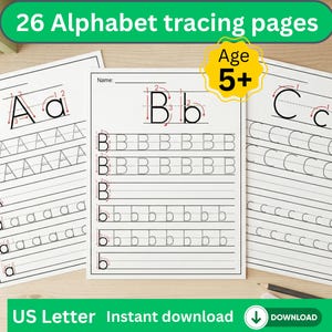 Könnte beinhalten: Drei weiße Alphabet-Tracing-Seiten mit den Buchstaben A, B und C. Die Seiten haben gepunktete Linien zum Nachzeichnen von Groß- und Kleinbuchstaben. Der Text "26 Alphabet tracing pages" und "Age 5+" sind sichtbar. Sofort-Download.
