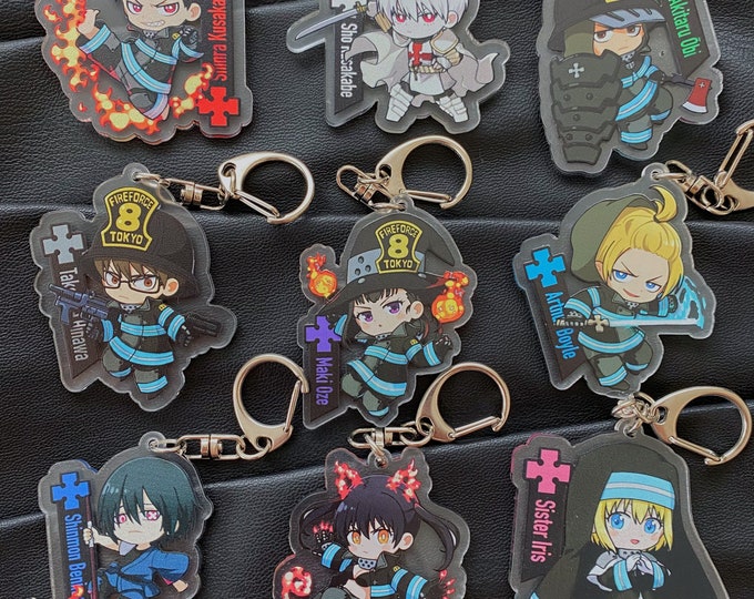 Anime Acrylic Keychains, popular anime acrylic Keychains, firefighter Anime Keychains, cute anime Keychains and key charm