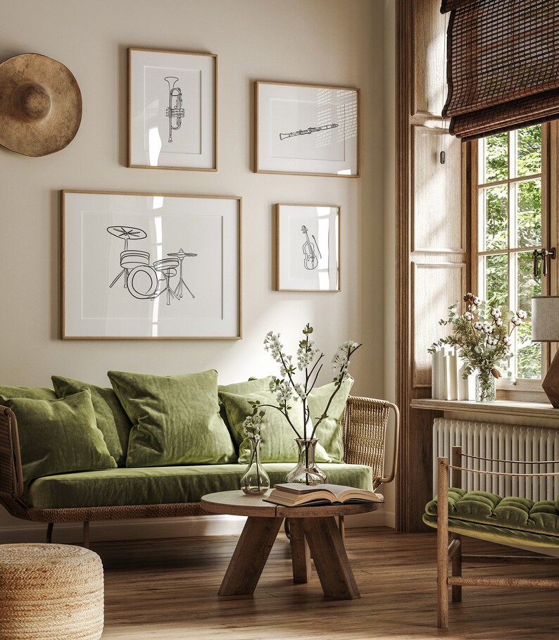 Set of 4, Instruments, Line Art Print, Trumpet, Drums, Violin, Clarinet ...