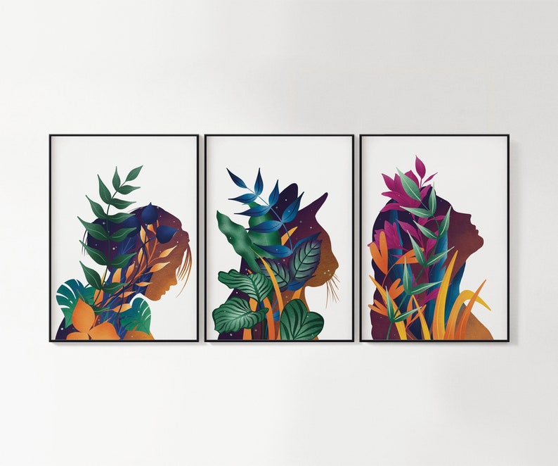 Set of 3 Prints, Silhouette, Nature Wall Art, Nature Art Décor, Vibrant Wall Art, Flower