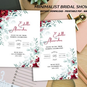 Faire-part de mariage vert et rouge avec modèle.pdf modifiable sur canva pour l'invitation de douche nuptiale.