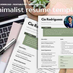 Puede incluir: Una plantilla de currículum minimalista con un esquema de color verde y blanco. El currículum es para una ingeniera de software llamada Cia Rodrigueaz. Incluye su perfil, educación, experiencia laboral y habilidades. El currículum también incluye una foto de Cia Rodrigueaz.