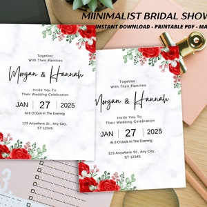 Modèle d'invitation de mariage floral élégant rouge .pdf modifiable sur canva pour l'invitation de douche nuptiale.
