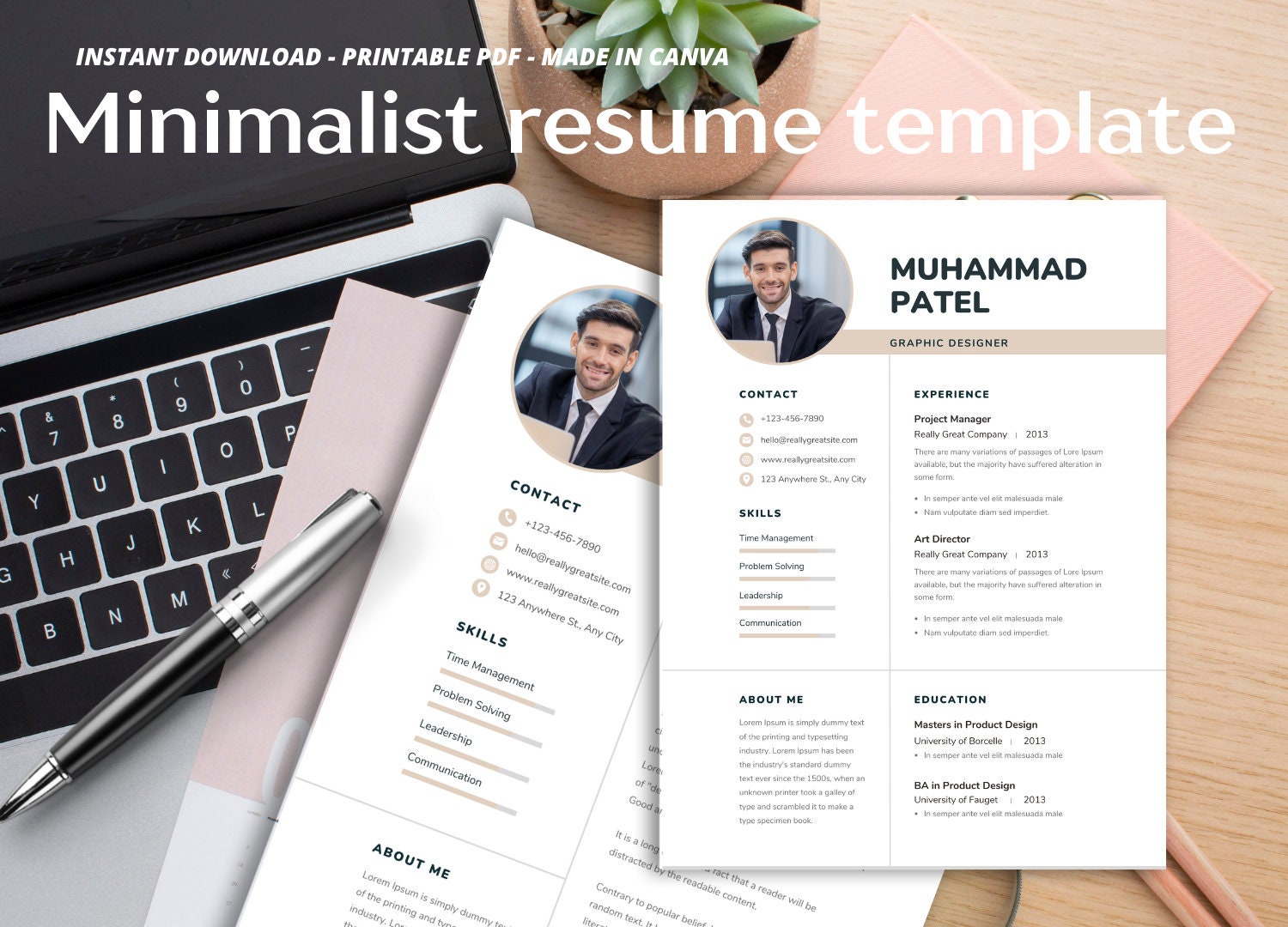 White Minimalist Resume Template.pdf, Editable on Canva for Direct Job