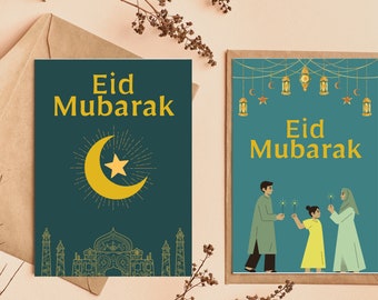 Puede incluir: Dos tarjetas de felicitación con fondo azul verdoso y detalles dorados. La primera tarjeta presenta una luna creciente y una estrella con el texto "Eid Mubarak". La segunda tarjeta presenta una familia con bengalas y el texto "Eid Mubarak".