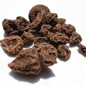 May include: A collection of dried, brown, irregularly shaped roots or tubers, possibly herbs or spices, are scattered on a white surface. The items vary in size and have a rough, textured appearance. The lighting is bright, highlighting the details of the dried plant matter.