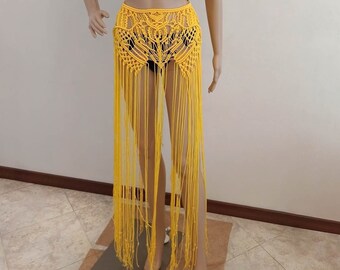 Handmade Yellow Macrame Maxi Skirt, Italian Boho Beach Cover Up
