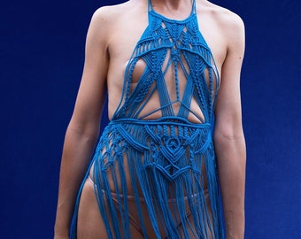 Handmade Macrame Beach Dress, Turquoise Blue Cotton Cover-Up