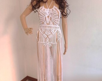 Handmade Macrame Fringe Dress, See Through Beach Cover Up, Made in Italy