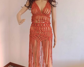Handmade Macrame Two Piece Set, Brown Fringed Cover Up, Italian Design