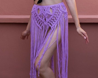 Handmade Macrame Wrap Skirt, Purple Cotton Fringe, Made in Italy