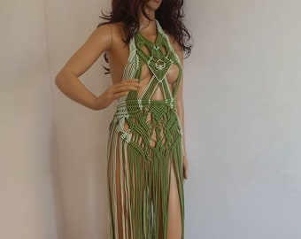 Exclusive Green Dress, Macrame Fringe Tassel Dress, Maxi Multicolor Cover-up, Flit And Flare Sunday Partywear, Beach Wedding Dress For Bride