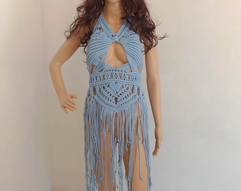 Handmade Macrame Boho Dress, Tassel Fringes, Made in Italy
