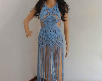 Handmade Macrame Beach Wedding Dress, Tassel Fringe, Made in Italy
