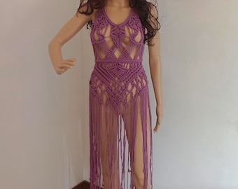 Handmade Macrame Party Dress, Fringed Cutout Cotton Beachwear