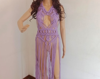 Handmade Macrame Fringed Lilac Dress, Italian Boho Beach Cover-Up