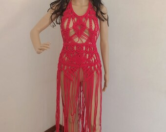 Handmade Macrame Open Back Dress, Red Cotton Fringe, Italian Design