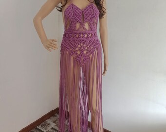 Handmade Macrame Fringed Dress, Purple Cotton, Revealing Party Wear
