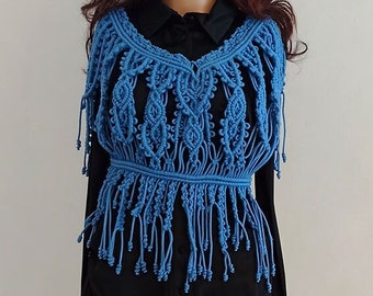 Handmade Macrame Crop Top, Turquoise Blue Boho Blouse, Fringed Halter