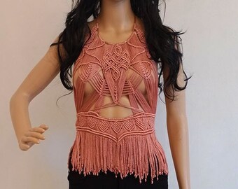 Handmade Macrame Fringe Top, Italian Design, Lurex Pink Blouse, XS/S