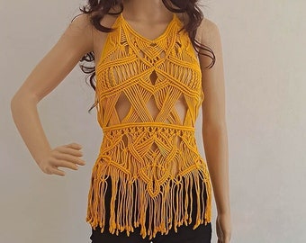 Handmade Macrame Cotton Halter Top, Fringed Boho Blouse, Made in Italy