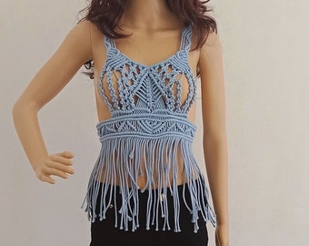 Handmade Macrame Crop Top, Light Blue Fringed Boho Blouse