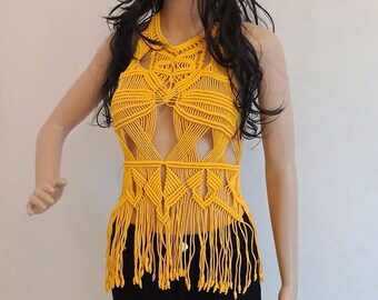 Yellow Macrame Halter Top, Handmade Italian Blouse, Boho Festival Wear