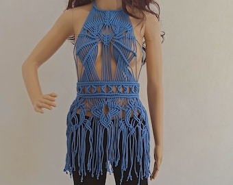 Handmade Macrame Tinsel Dress, Turquoise Blue Cotton Fringe Cover-Up