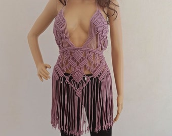 Exclusive Handmade Macrame Knit Dress, Fringed Tassel Sarong, Cutout Cover-Up