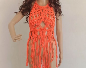 Handmade Macrame Boho Fringed Cover-Up, Orange Cotton, S/M