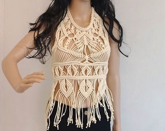 Handmade Macrame Halter Top, Fringed Boho Blouse, Italian Partywear
