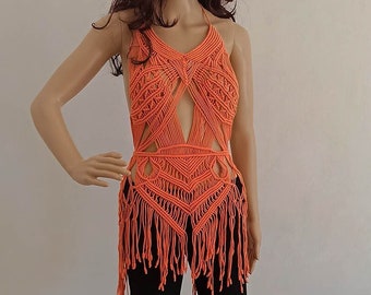 Handmade Macrame Dress, Orange Cotton Fringed Cover Up, Italian Design