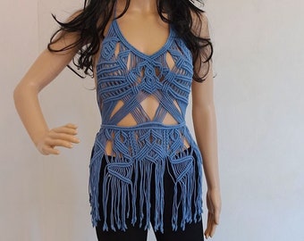 Handmade Macrame Halter Top, Bohemian Tassel Crop Top, Blue Cotton