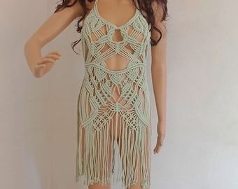 Handmade Macrame Sage Green Dress, Tassel Fringes, Italian Design
