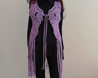 Handmade Macrame Fringe Jacket, Purple Lavender Cotton Top, Boho Cover Up