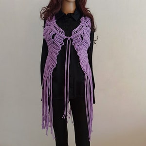 Handmade Fringe Jacket, Exclusive Going Out Macrame Jacket, Tassel Revealing Non-iron Cover Up, Sunday Partywear In Purple For Women