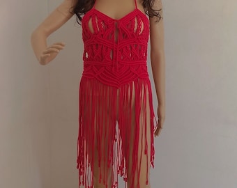 Handmade Macrame Red Fringe Dress, Italian Designer Boho Cover Up