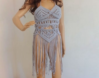 Handmade Macrame Two Piece Dress, Fringed Cotton Co-ord, Italian Design