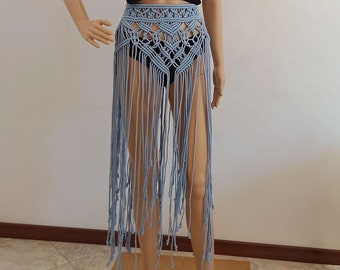 Handmade Macrame Fringe Skirt, Light Blue Cotton Beach Cover-Up