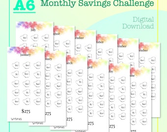 May include: A set of 12 printable monthly savings challenge trackers. Each tracker features a colorful watercolor background and a grid of 25 circles with dollar amounts ranging from $5 to $50. The trackers are labeled with the months of the year, from January to December.