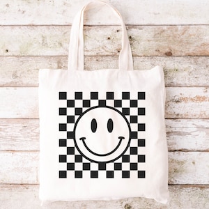 Karierte Smiley Einkaufstasche, karierte Sommer Tragetasche, trendige Leinentasche, Canvas Tasche, Aesthetic Smile Tasche, Geschenke, wiederverwendbare Tragetasche