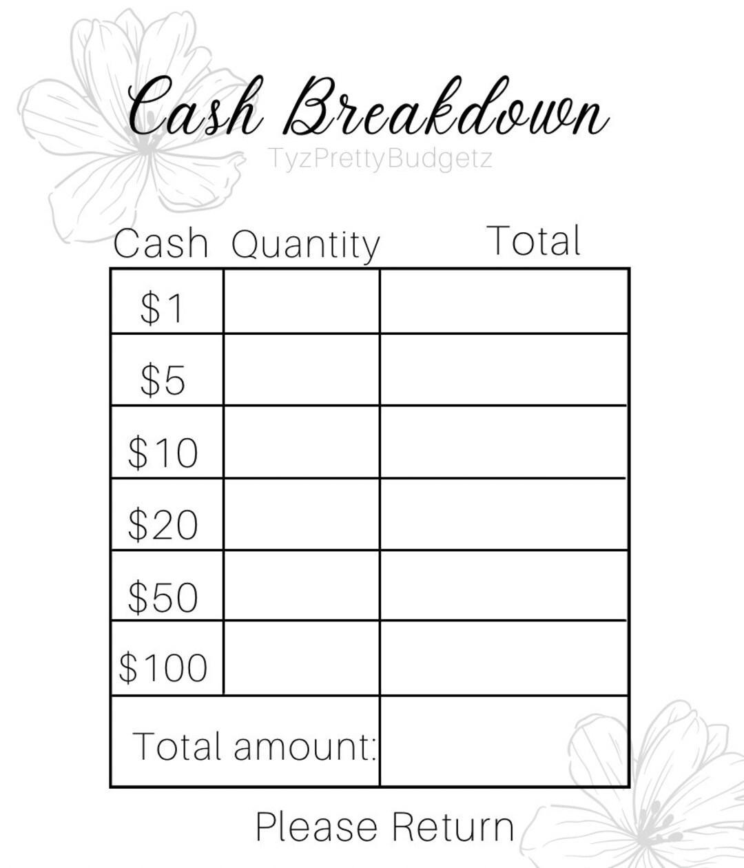Cash Breakdown Bank Slips Reusable Teller Slip Etsy