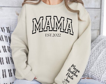 MAMA Sweatshirt personalizable with kids names on sleeve, gifts for her, mothers gift, birthday gift, minimalist mom sweater, mama sweater