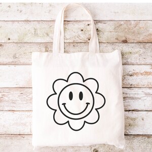 Blumen-Smiley-Einkaufstasche, Blumen-Sommer-Einkaufstasche, trendige Segeltuchtasche, Segeltuchtasche, ästhetisches Lächeln-Einkaufstasche, Geschenke, wiederverwendbare Einkaufstasche, Polyester