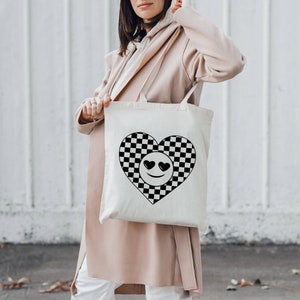 Herz Smiley Einkaufstasche, karierte Sommer Tragetasche, trendige Leinentasche, Canvas Tasche, Aesthetic Smile Tragetasche, Geschenke, wiederverwendbare Tragetasche, Polyester