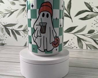 Karierte Geister-Halloween-Tasse: 15 Unzen Keramik Kaffeetasse