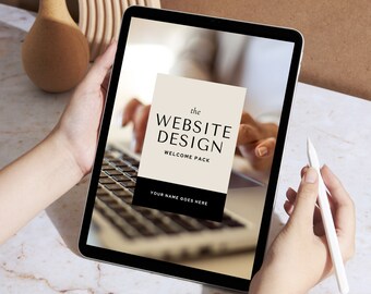 Puede incluir: Una pantalla de tableta que muestra un paquete de bienvenida para el diseño de sitios web con el texto "the WEBSITE DESIGN WELCOME PACK YOUR NAME GOES HERE".