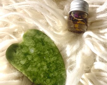 Gua Sha Jade Stone  & "Blue Lotus Flower" Infused Oil Blend, facial smoothing and firming, "deep tissue" massage tool, "plantar fasciitis"