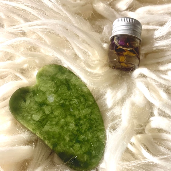 Gua Sha Jade Stone  & "Blue Lotus Flower" Infused Oil Blend, facial smoothing and firming, "deep tissue" massage tool, "plantar fasciitis"